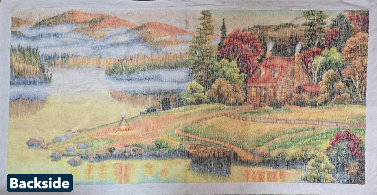Finished Cross Stitch Wall Art - Panoramic Autumn Lakeside Cabin