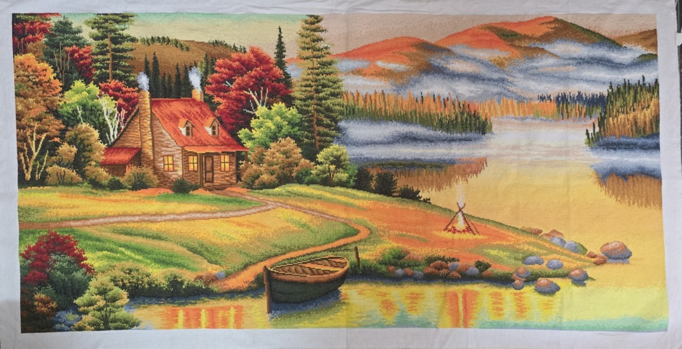 Finished Cross Stitch Wall Art - Panoramic Autumn Lakeside Cabin