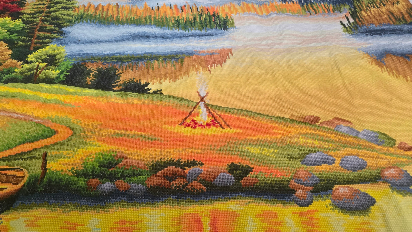 Finished Cross Stitch Wall Art - Panoramic Autumn Lakeside Cabin