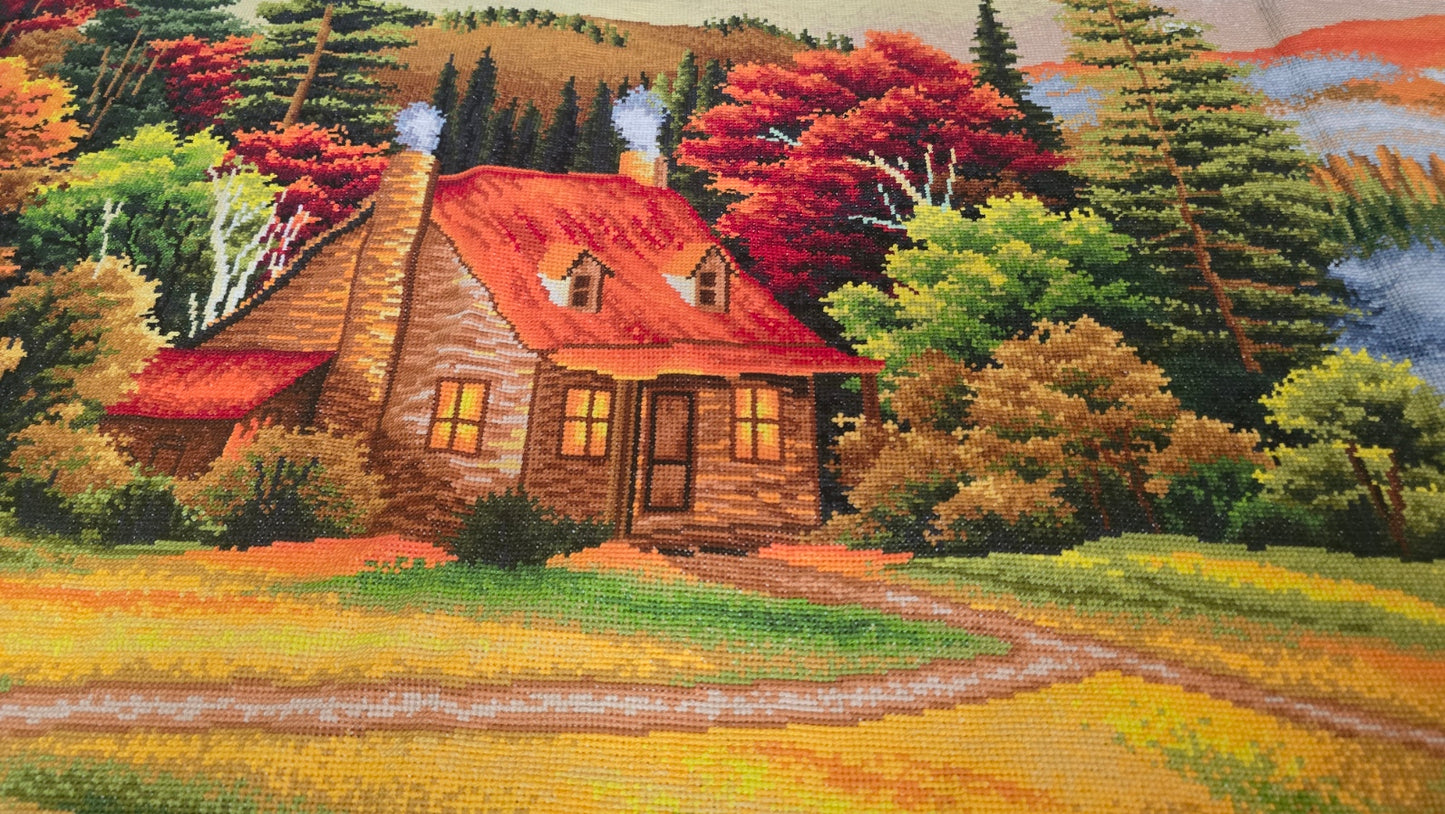 Finished Cross Stitch Wall Art - Panoramic Autumn Lakeside Cabin