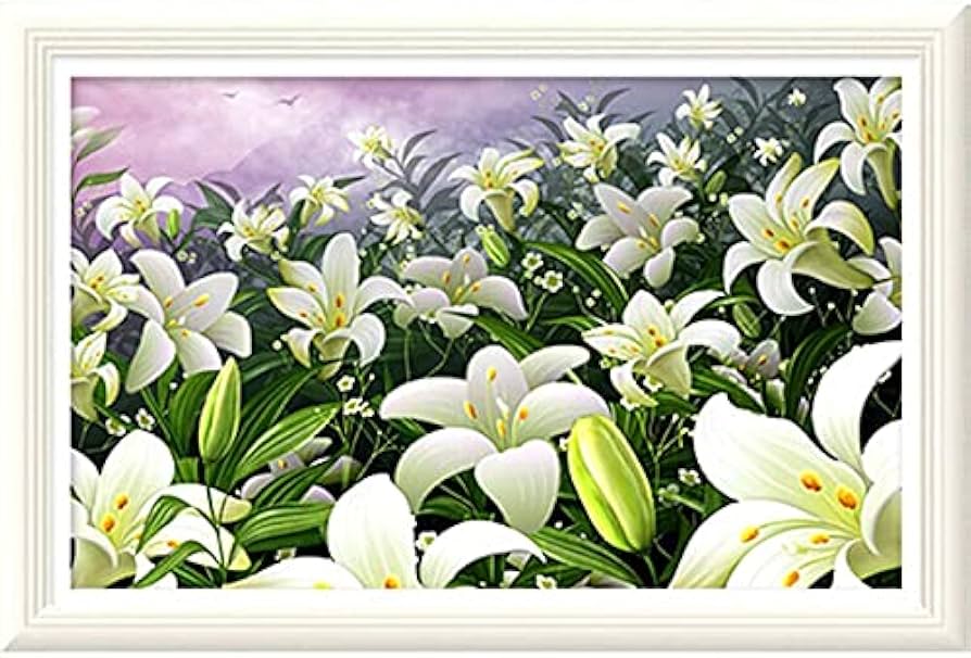 Finished Cross Stitch Wall Art - White Lily Garden Landscape