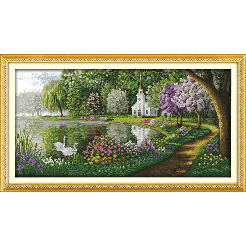 Finished Cross Stitch Wall Art - Serene Church Lake & Swans Landscape
