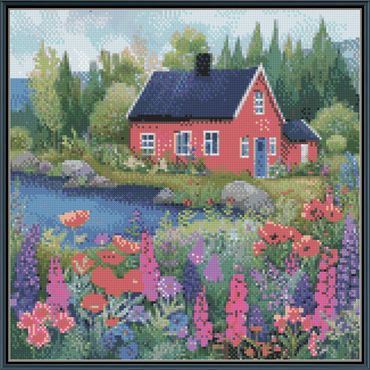 Bright Red Scandinavian Cottage Cross Stitch Pattern | Vibrant Wildflower Garden Landscape | Instant PDF Download