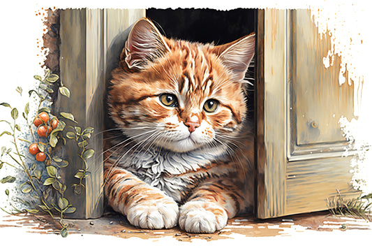 Ginger Kitten in Doorway - Realistic Watercolor Cross Stitch Pattern (Digital PDF)