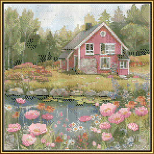 Soft Watercolor Red Cottage Cross Stitch Pattern | Country Lily Pond & Peonies Landscape | Instant PDF Download