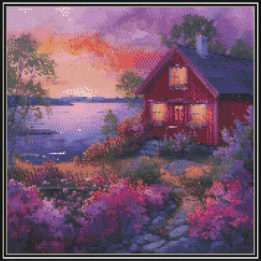 Crimson Sunset Cottage Cross Stitch Pattern | Watercolor Floral Pathway & Lake Landscape | Instant PDF Download