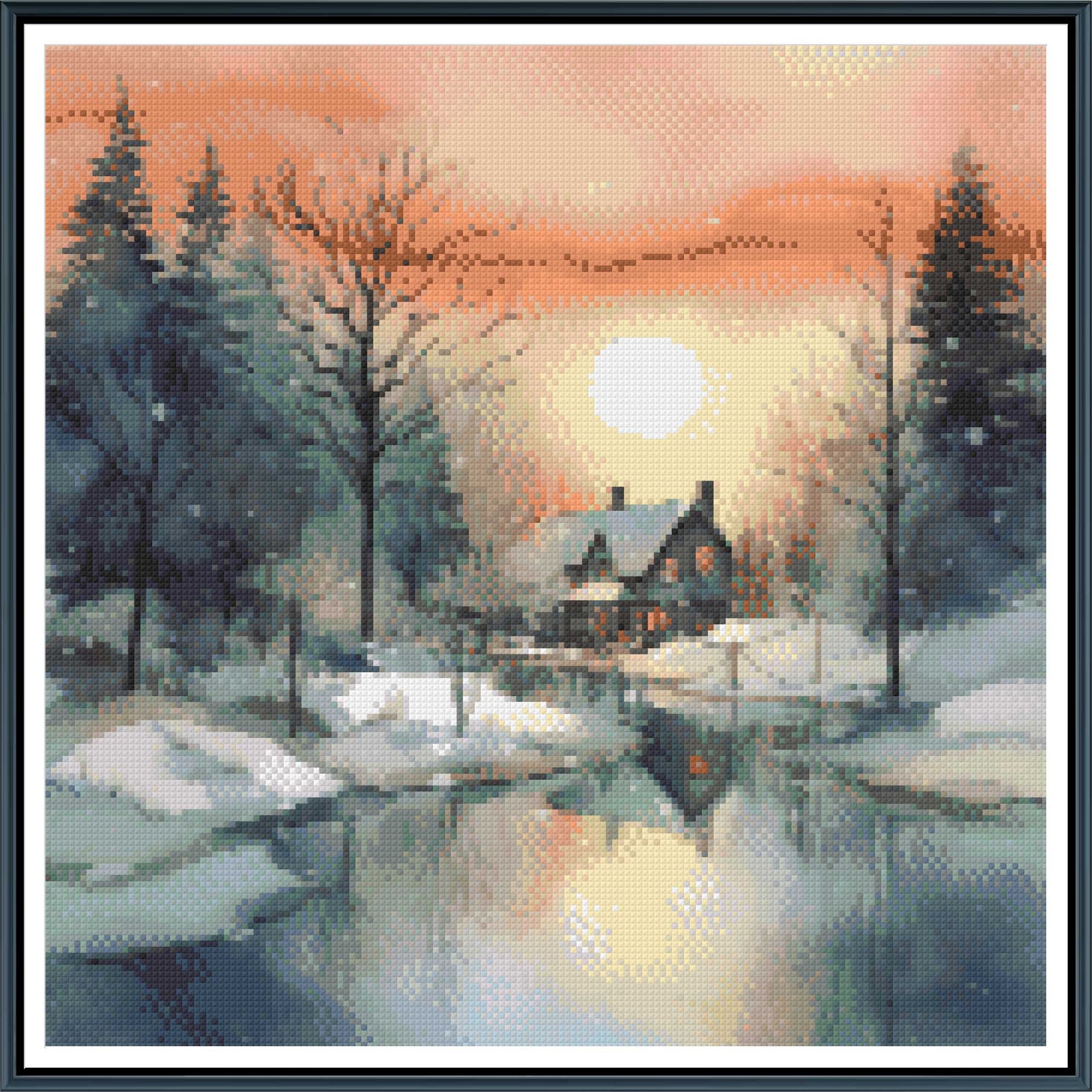 Crimson Sunset Winter Cabin Cross Stitch Pattern | Cozy Watercolor Snow Landscape | Instant PDF Download