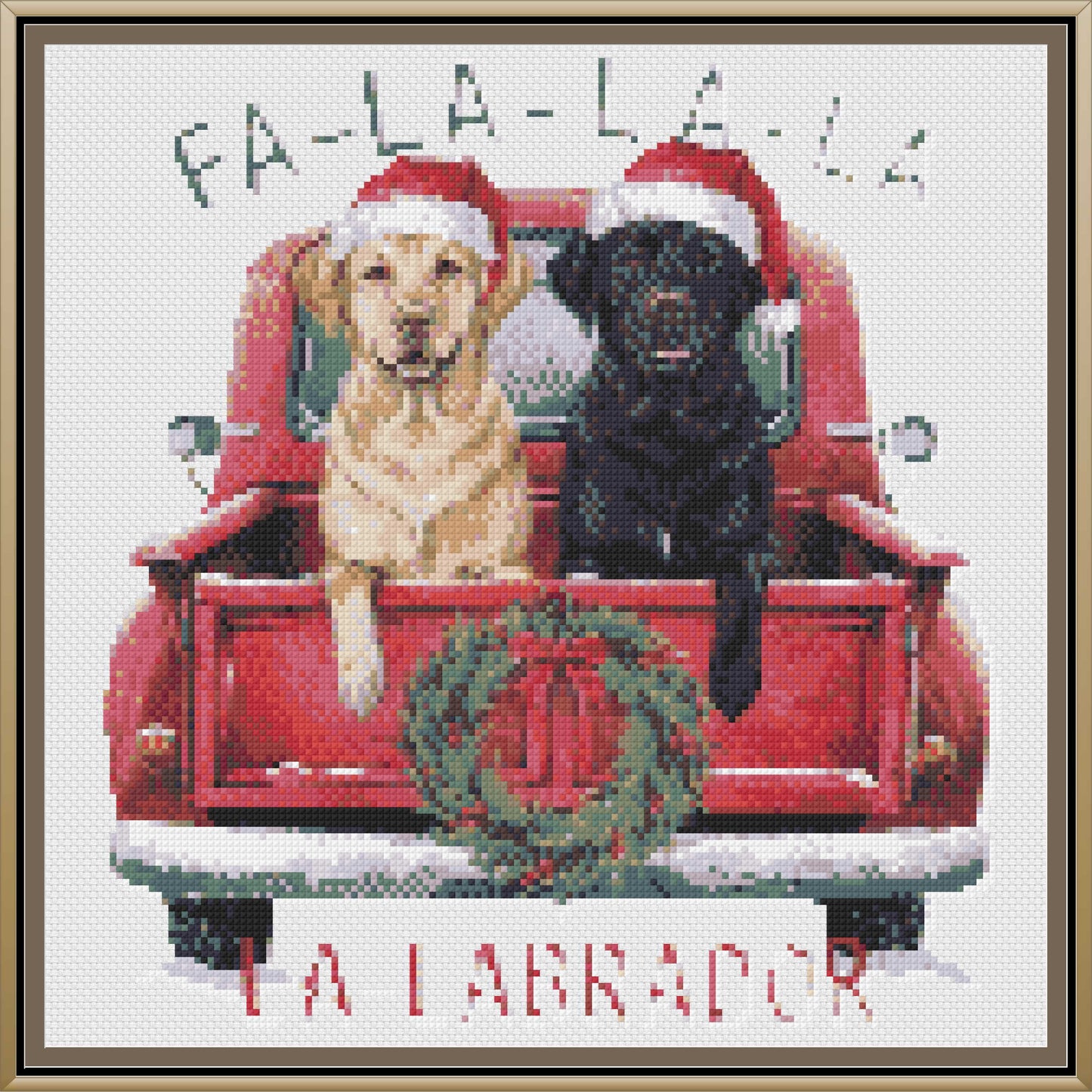 Product Title: Fa La La La-Labrador Christmas Cross Stitch Pattern | Yellow & Black Lab Red Truck Embroidery | Instant PDF Download