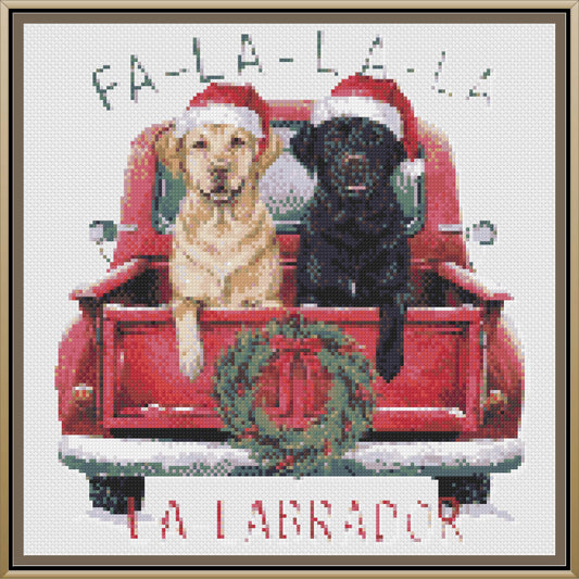 Product Title: Fa La La La-Labrador Christmas Cross Stitch Pattern | Yellow & Black Lab Red Truck Embroidery | Instant PDF Download