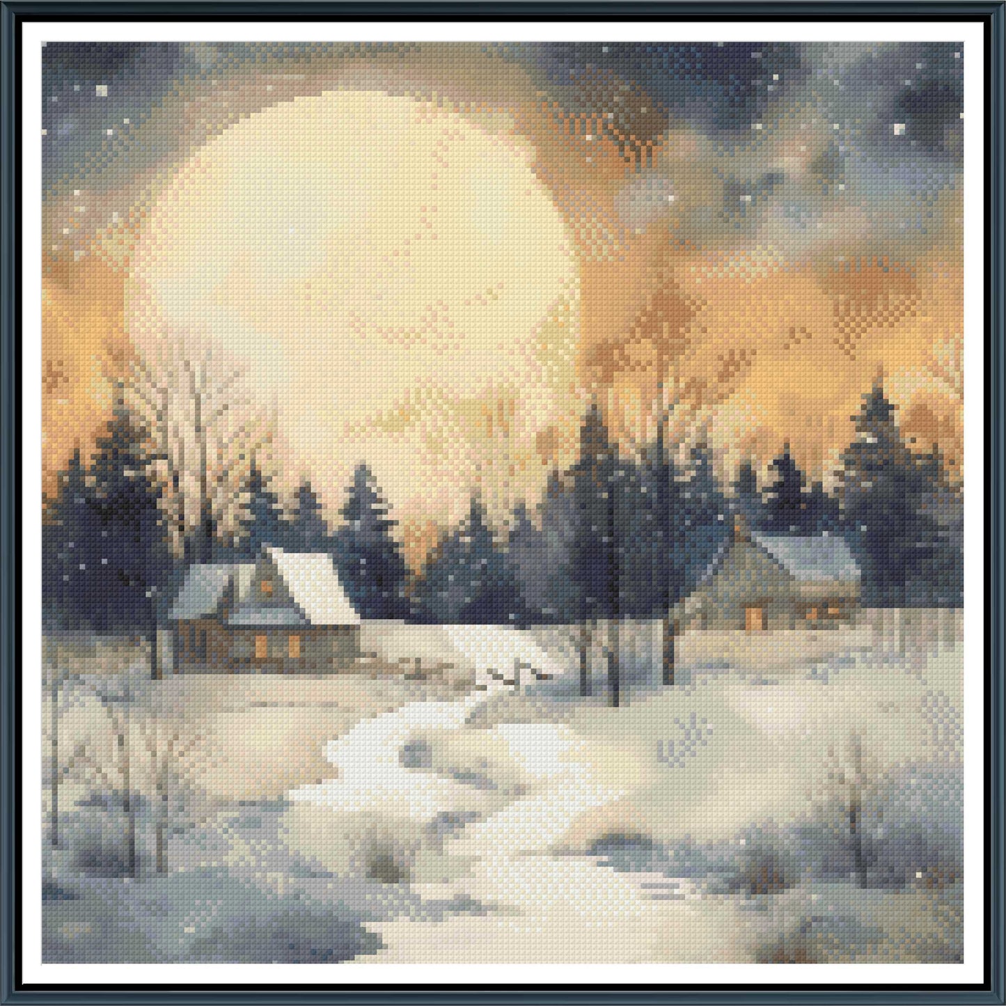 Full Moon Winter Cabin Cross Stitch Pattern | Cozy Watercolor Snow Landscape | Instant PDF Download