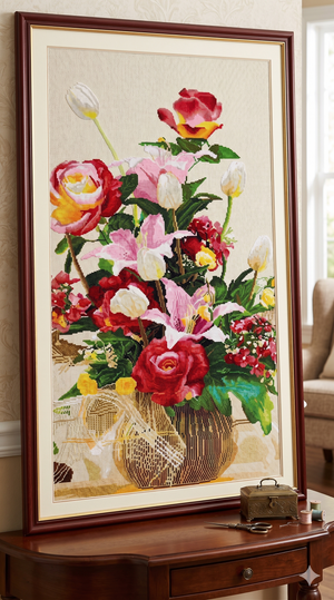 Vibrant Mixed Floral Bouquet & Lilies Cross Stitch | Ready-Made Finished Piece