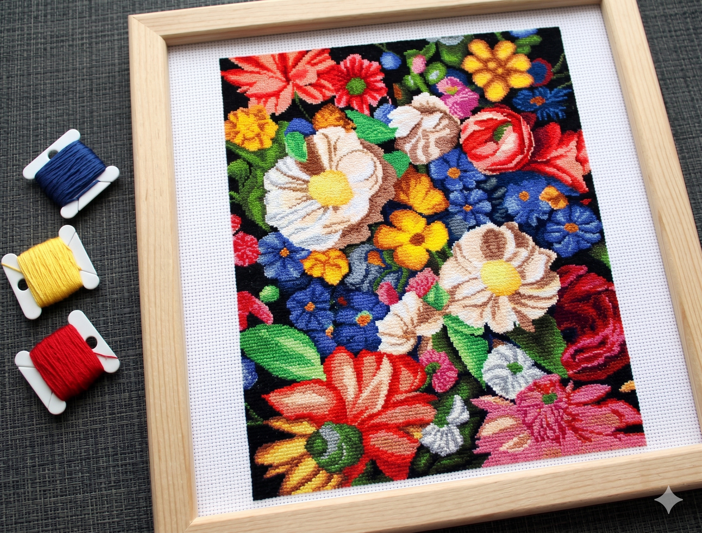 Finished Cross Stitch Wall Art - Vibrant Floral Bouquet