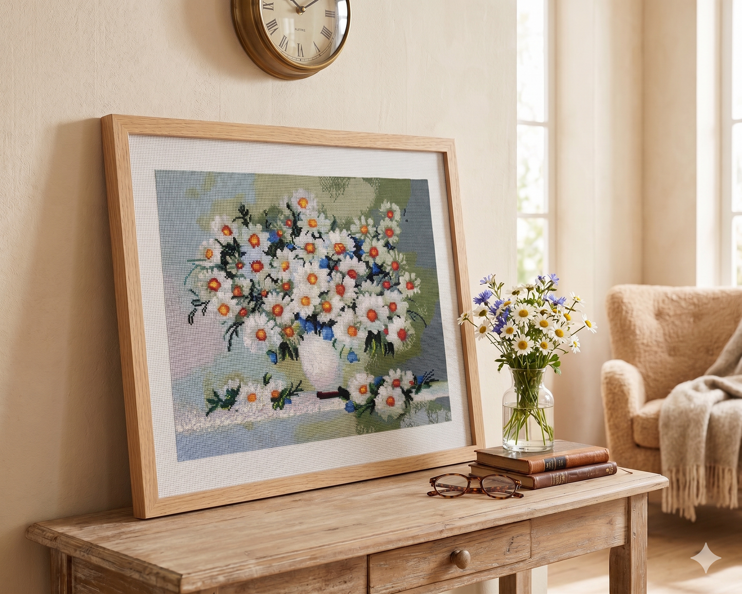 Rustic Daisy Bouquet in White Vase Finished Cross-Stitch Art – Unframed