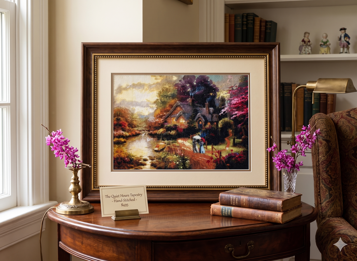 Enchanted Cottage River Landscape Cross Stitch Finished Piece