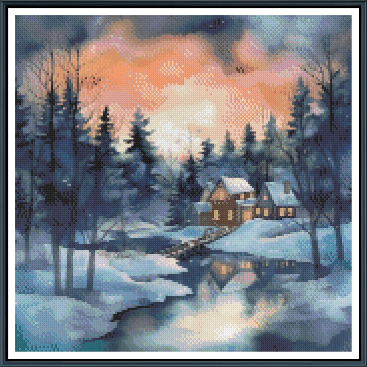 Golden Sunset Cabin Bridge Cross Stitch Pattern | Cozy Watercolor Snow Landscape | Instant PDF Download