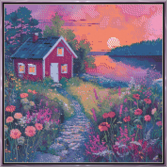 Golden Sunset Cottage Cross Stitch Pattern | Vibrant Wildflower Path & Lake Landscape | Instant PDF Download