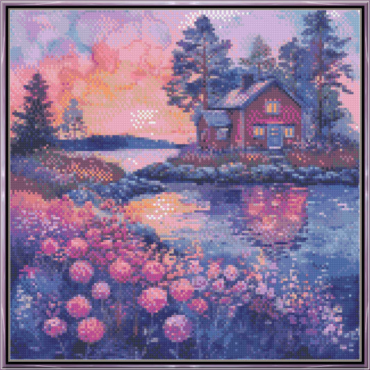 Pastel Sunset Reflection Cottage Cross Stitch Pattern | Dreamy Watercolor Lake Landscape | Instant PDF Download