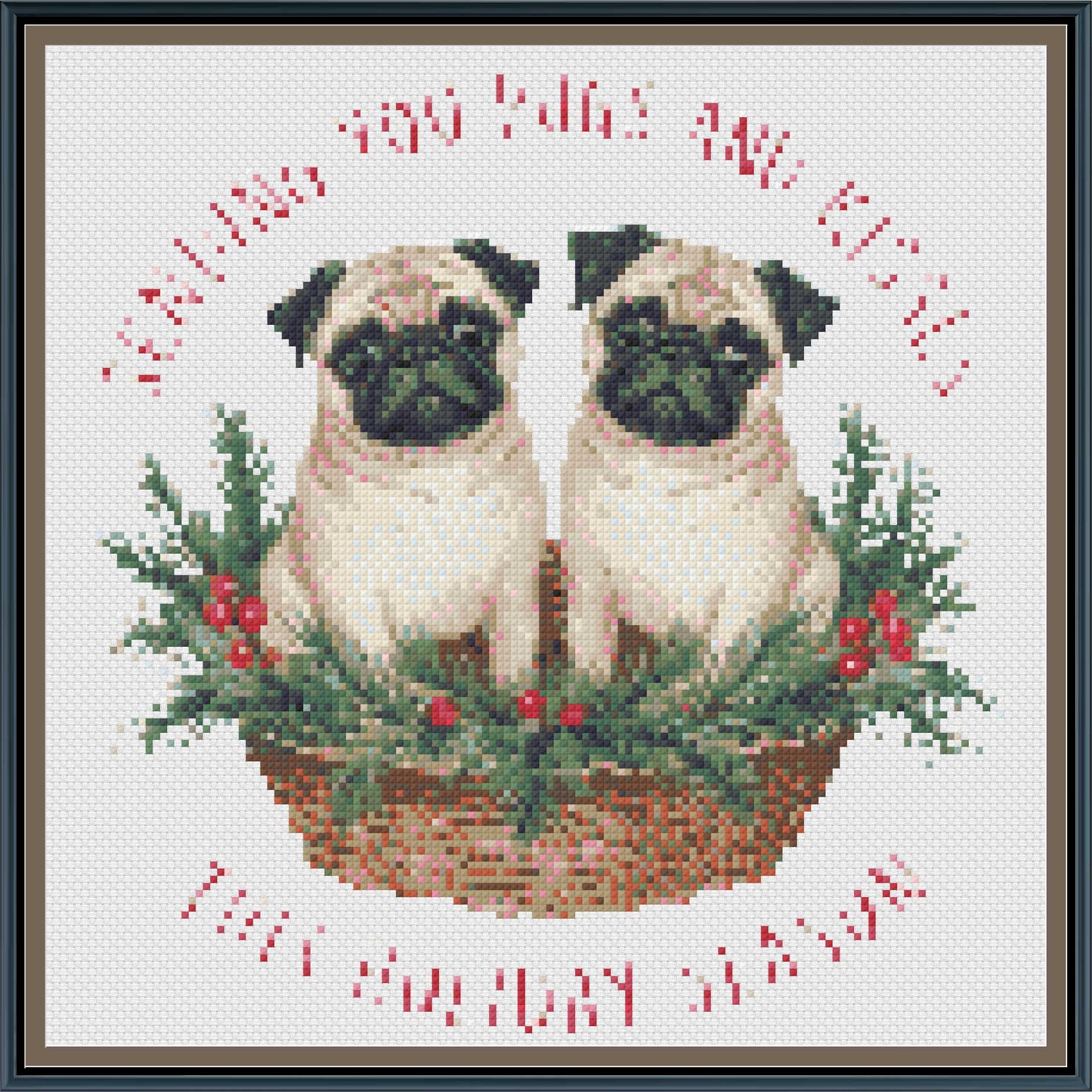 Pugs and Kisses Christmas Cross Stitch Pattern | Funny Pug Duo Holiday Embroidery | Instant PDF Download
