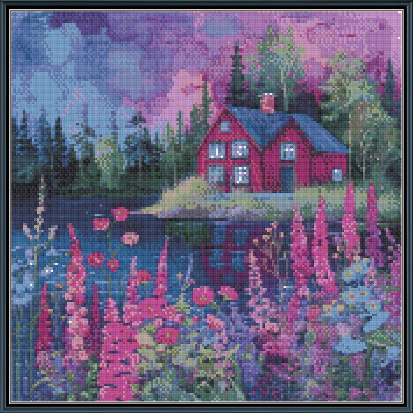 Midnight Magenta Cottage Cross Stitch Pattern | Dramatic Twilight Lake Landscape | Instant PDF Download
