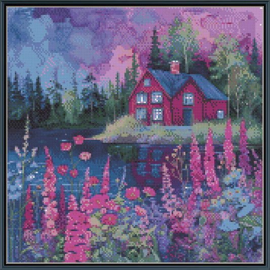 Midnight Magenta Cottage Cross Stitch Pattern | Dramatic Twilight Lake Landscape | Instant PDF Download