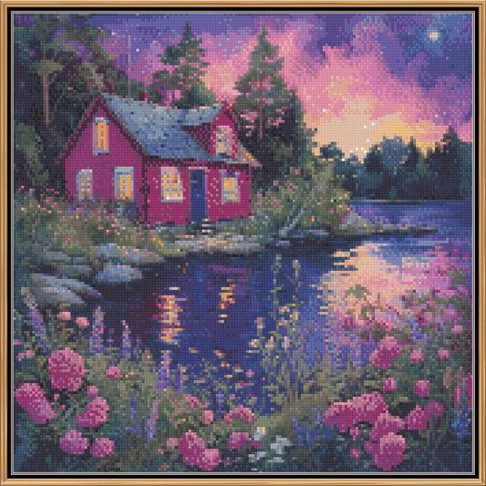 Starry Twilight Cottage Cross Stitch Pattern | Vibrant Watercolor Lake Landscape | Instant PDF Download