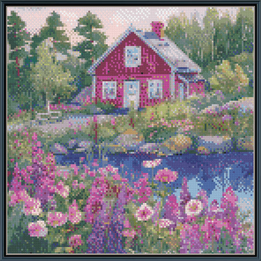 Sunny Watercolor Red Cottage Cross Stitch Pattern | Garden Bench & Wildflower Pond Landscape | Instant PDF Download