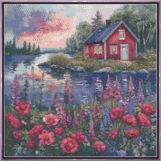 Sunset Glow Waterfront Cottage Cross Stitch Pattern | Dreamy Watercolor Lupines Garden | Instant PDF Download