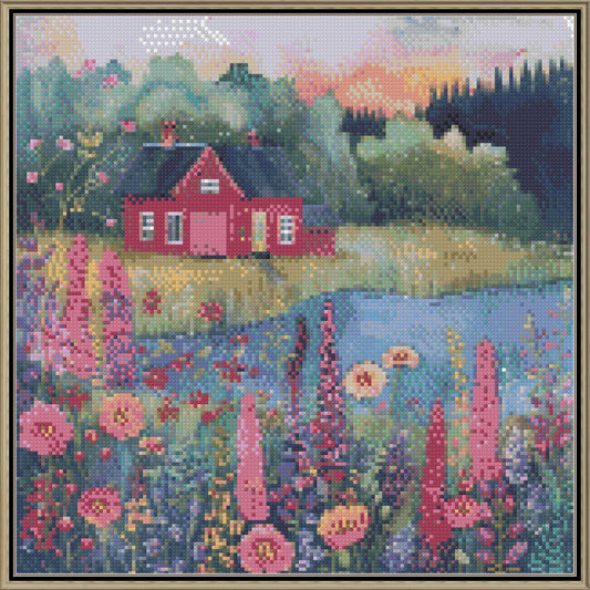 Vibrant Meadow Red Cottage Cross Stitch Pattern | Watercolor Floral Landscape | Instant PDF Download