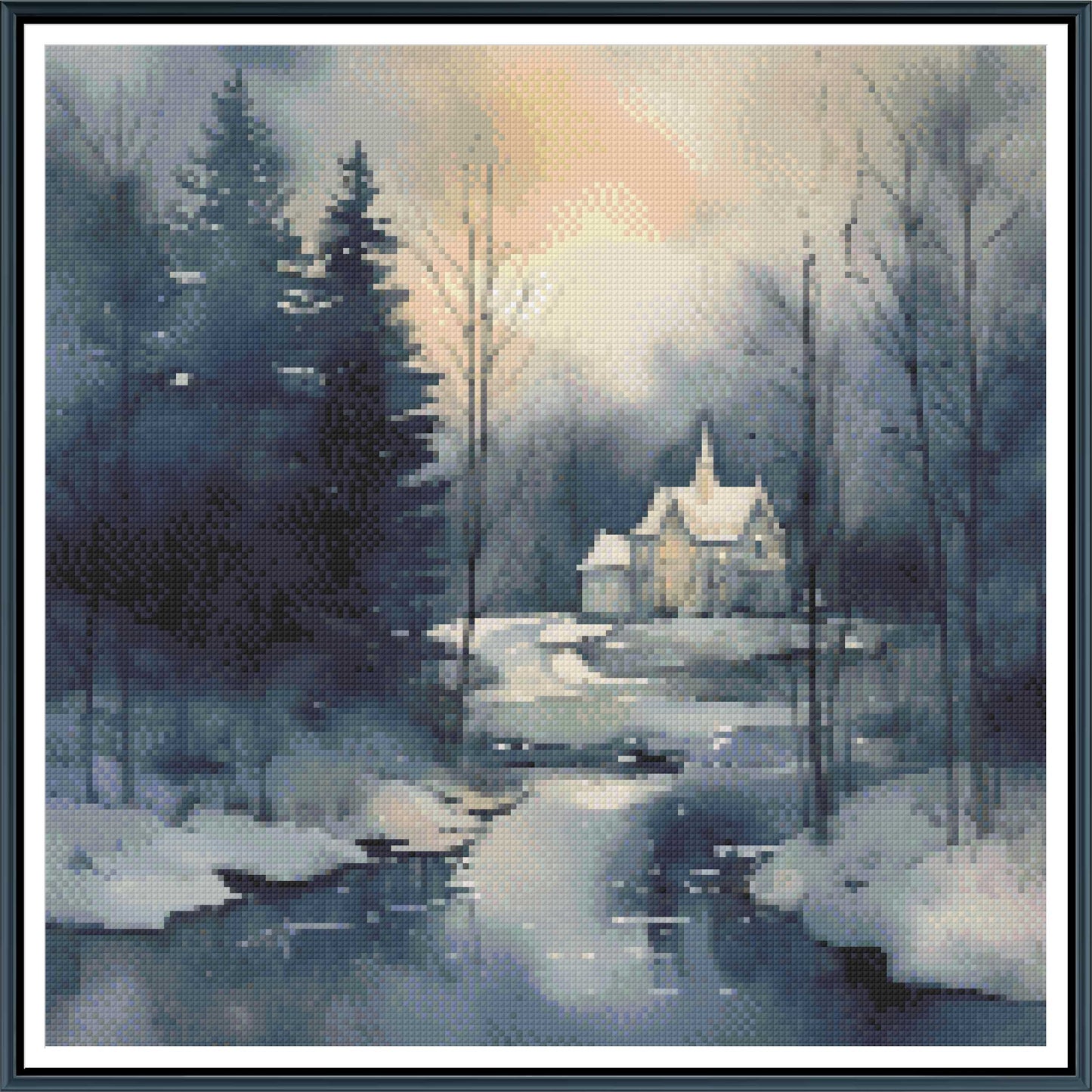 Winter Sanctuary Chapel Cross Stitch Pattern | Ethereal Watercolor Snow Landscape | Instant PDF Download