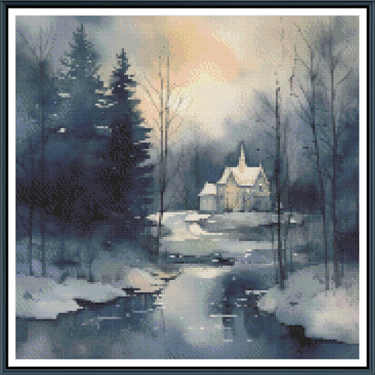 Winter Sanctuary Chapel Cross Stitch Pattern | Ethereal Watercolor Snow Landscape | Instant PDF Download