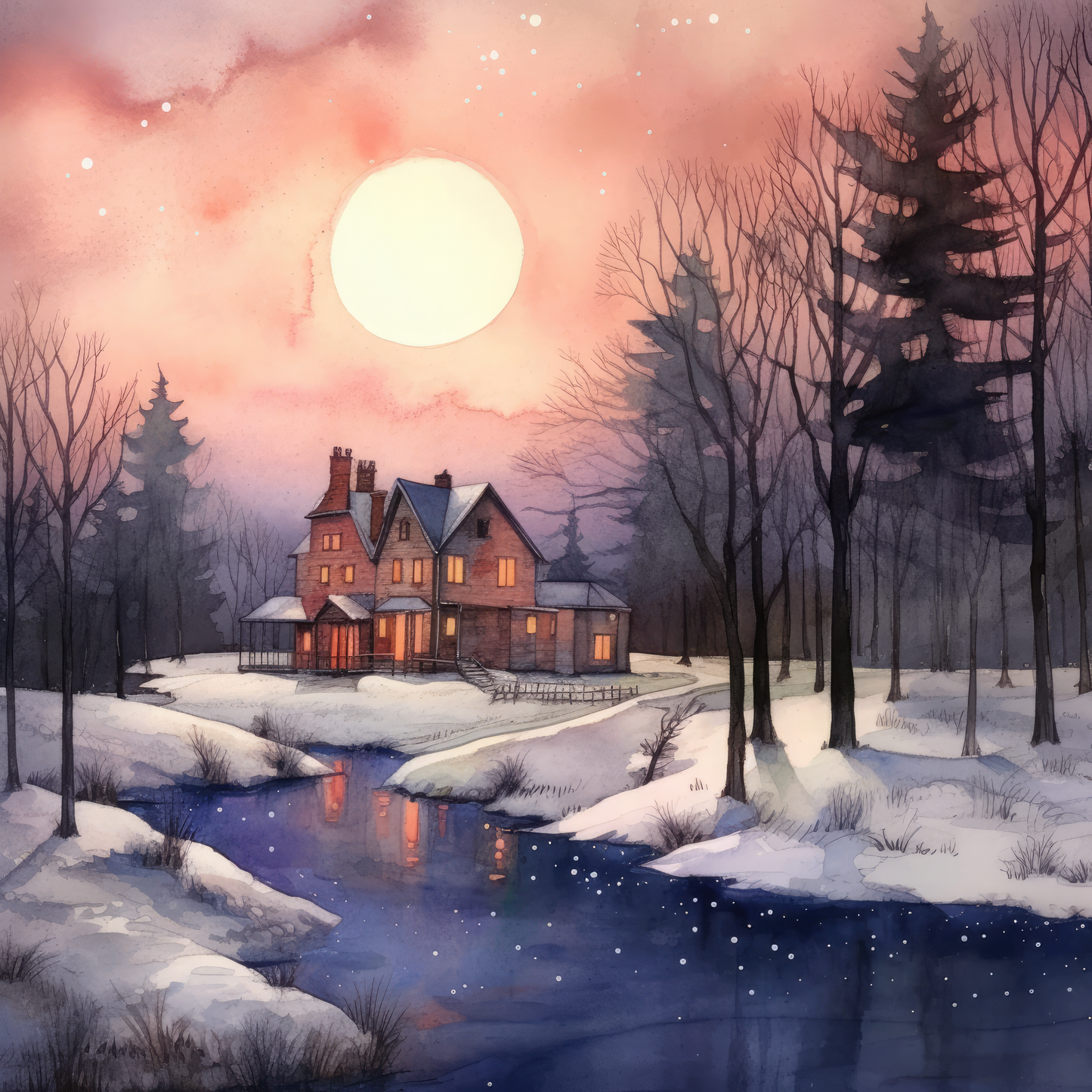 Winter Rose Manor Cross Stitch Pattern | Cozy Sunset & Snow Stream Landscape | Instant PDF Download