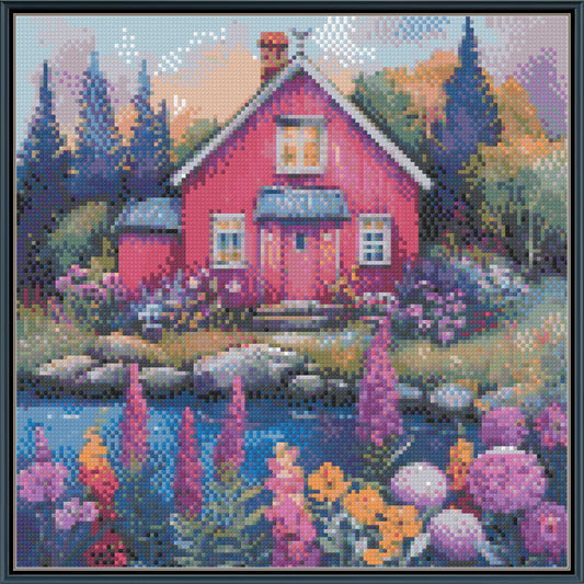 Whimsical Watercolor Spring Cottage Cross Stitch Pattern | Digital PDF Download | Floral Lake Landscape
