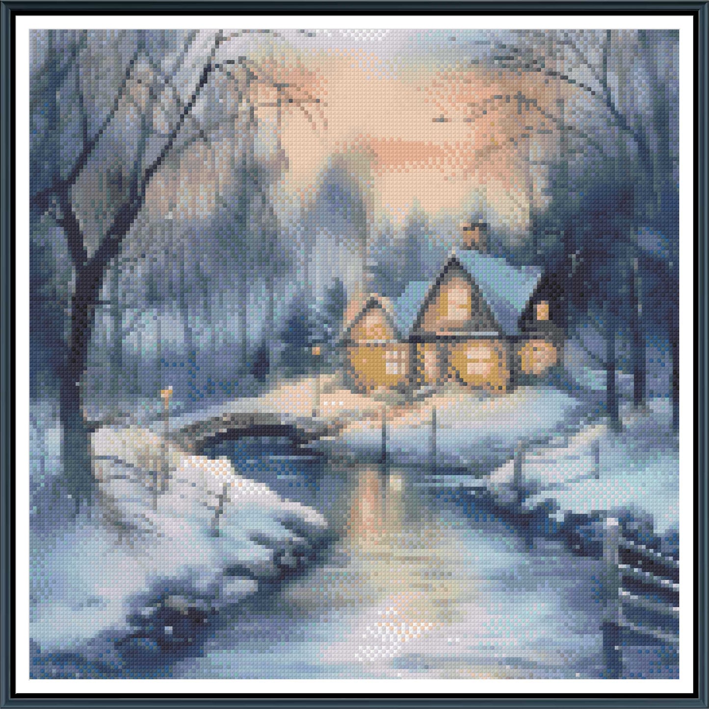 Winter Creek Cottage Cross Stitch Pattern | Cozy Sunset & Snow Bridge Landscape | Instant PDF Download