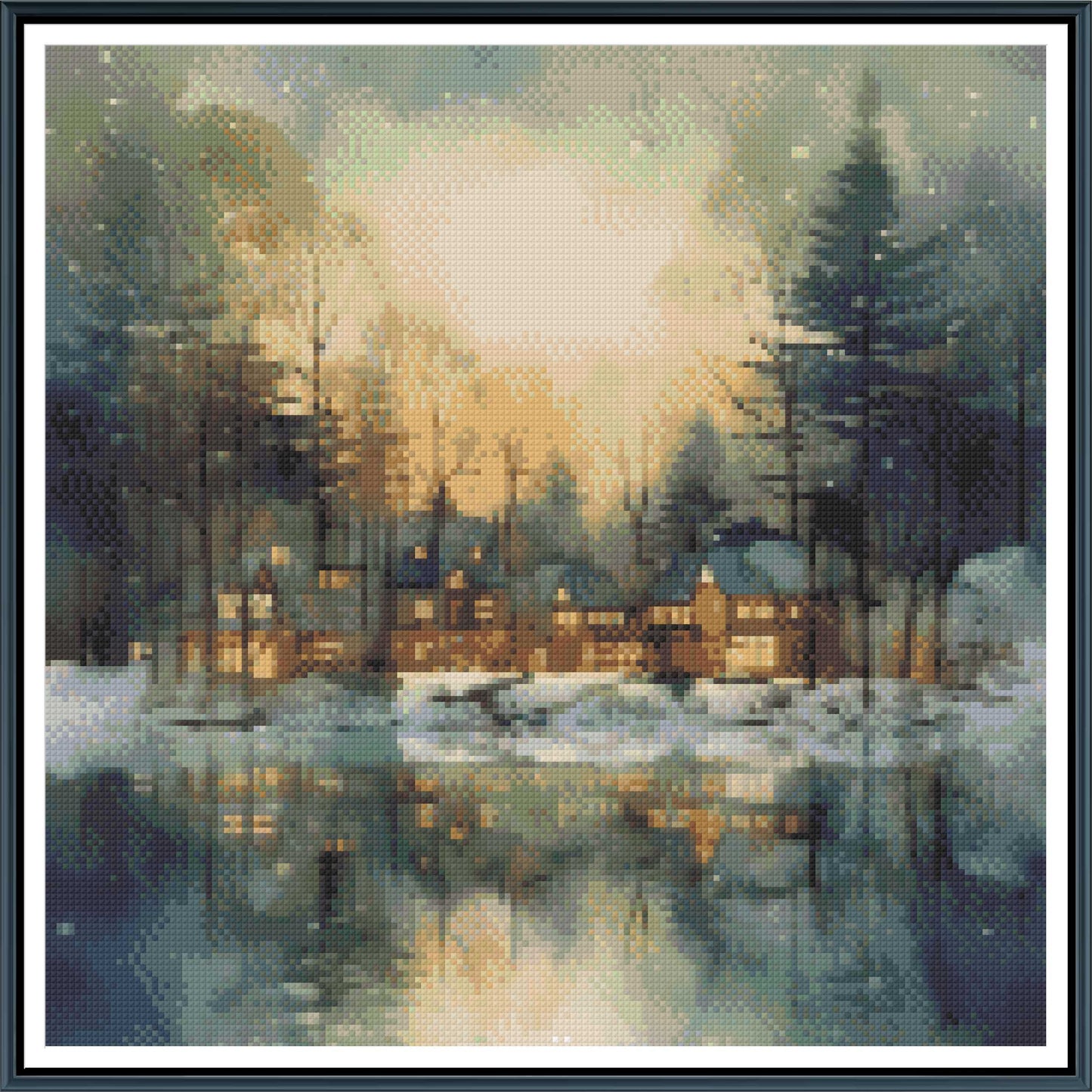 Winter Lake Village Reflection Cross Stitch Pattern | Cozy Watercolor Snow Landscape | Instant PDF Download