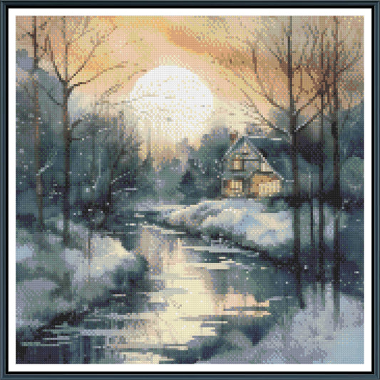 Winter Moonlit Cottage River Cross Stitch Pattern | Cozy Watercolor Snow Landscape | Instant PDF Download