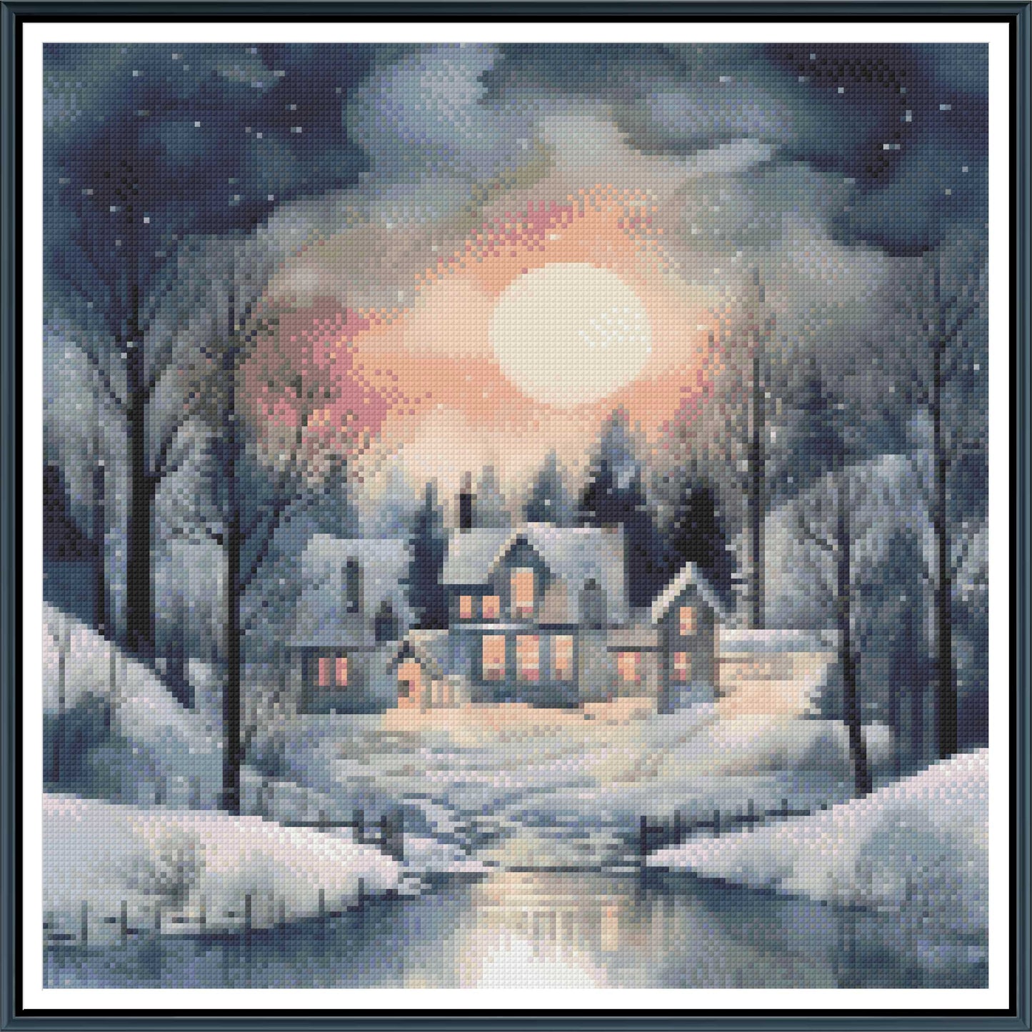 Winter Moonlit Manor Cross Stitch Pattern | Cozy Sunset & Snow Landscape | Instant PDF Download