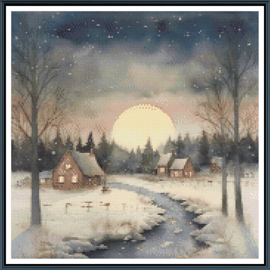 Winter Moonlit Valley Cottages Cross Stitch Pattern | Cozy Watercolor Snow Landscape | Instant PDF Download