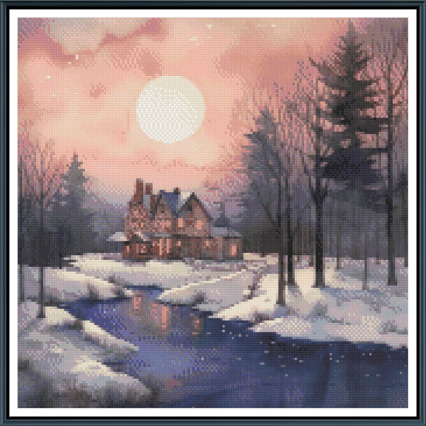 Winter Rose Manor Cross Stitch Pattern | Cozy Sunset & Snow Stream Landscape | Instant PDF Download