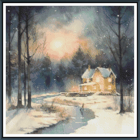 Winter Solstice Cottage Cross Stitch Pattern | Cozy Watercolor Snow Landscape | Instant PDF Download
