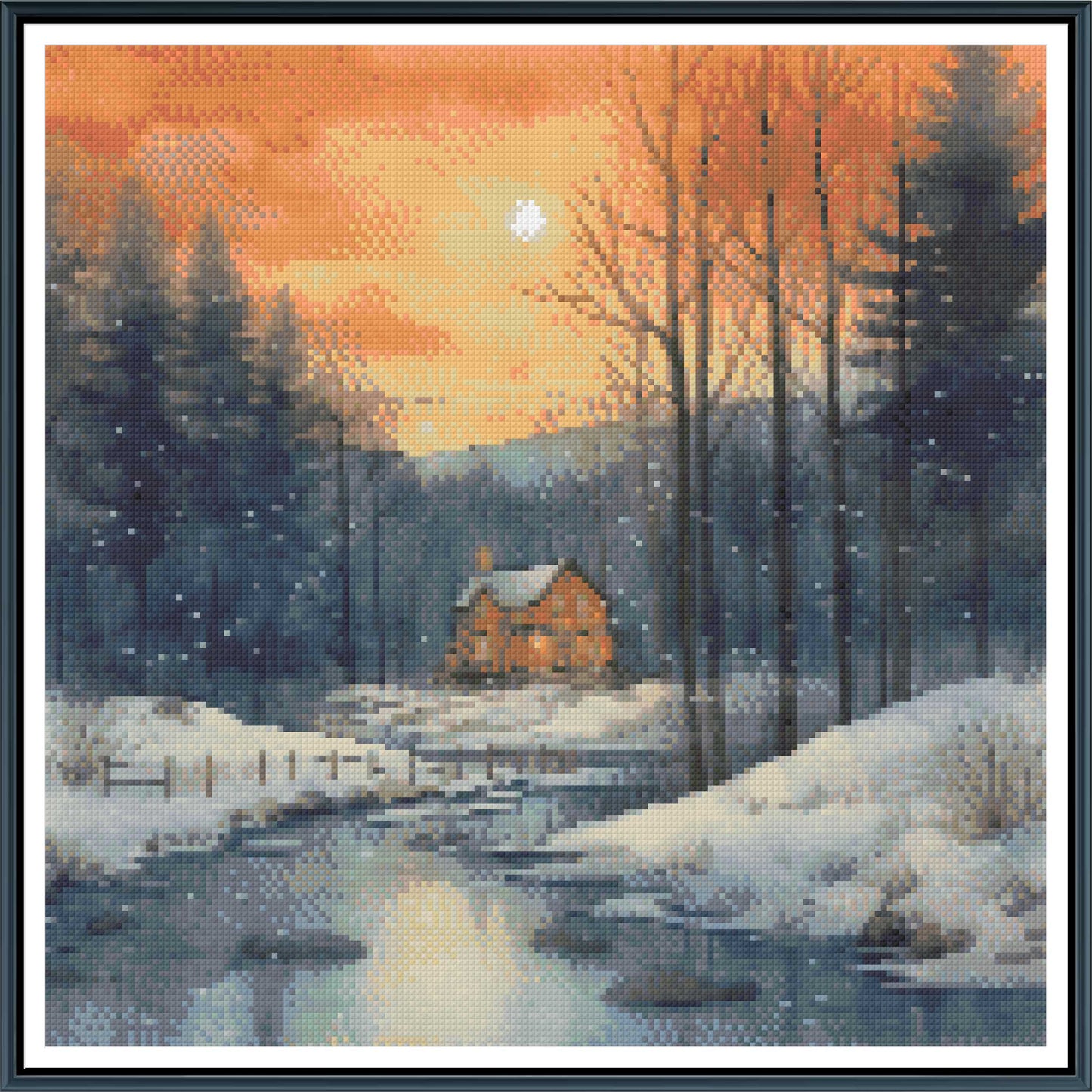 Winter Sunset Cabin Cross Stitch Pattern | Vibrant Orange Sky Landscape | Instant PDF Download