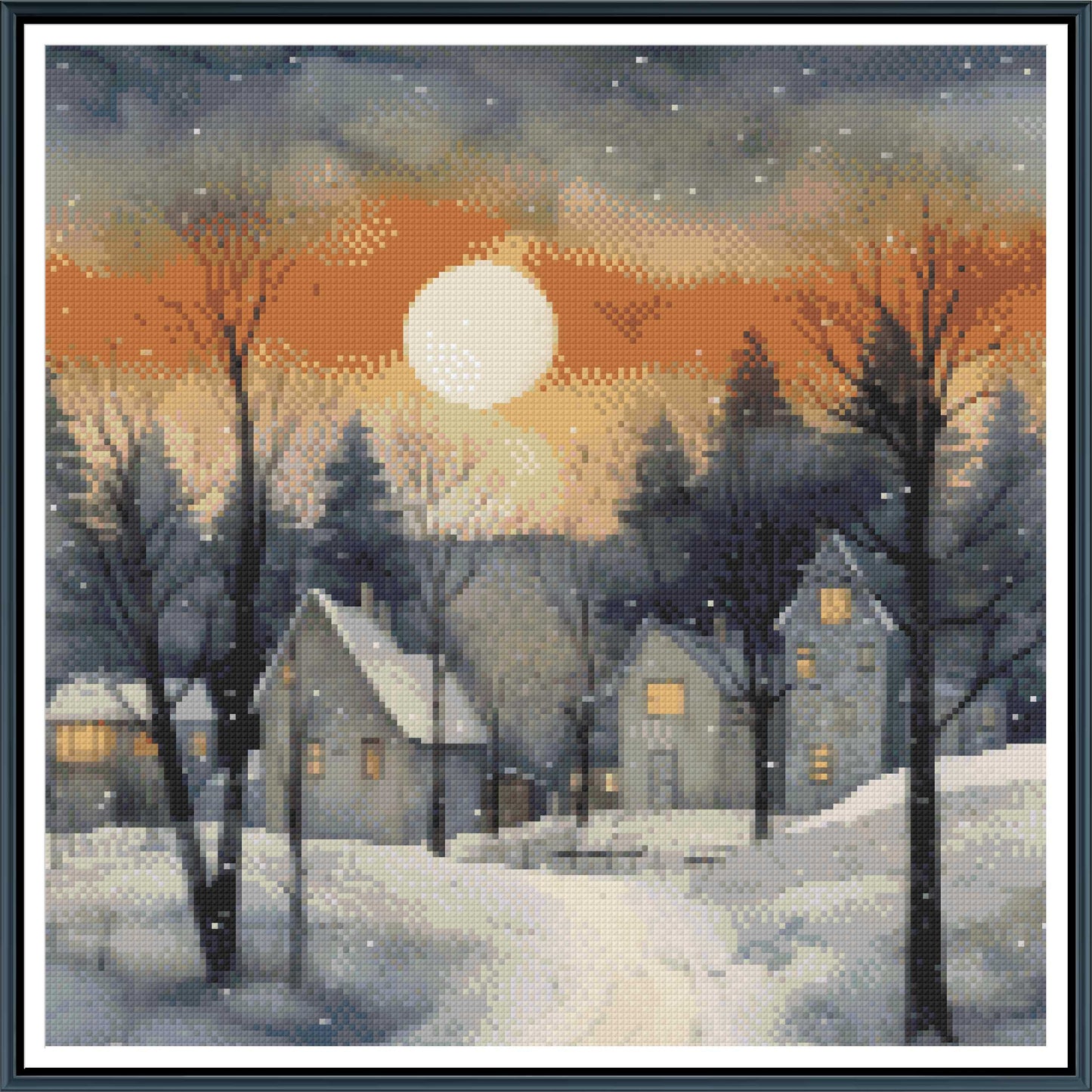 Winter Twilight Village Cross Stitch Pattern | Fiery Sunset & Snow Village Landscape | Instant PDF Download
