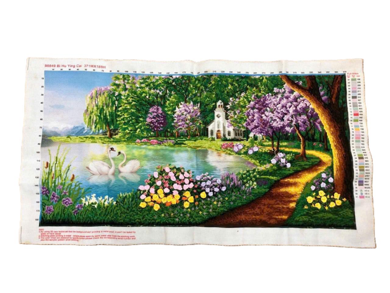 Finished Cross Stitch Wall Art - Serene Church Lake & Swans Landscape