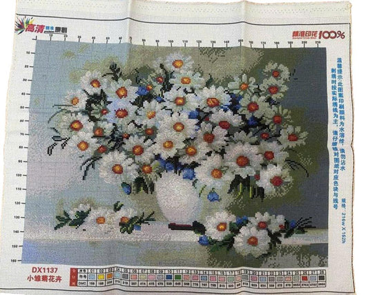 Rustic Daisy Bouquet in White Vase Finished Cross-Stitch Art – Unframed