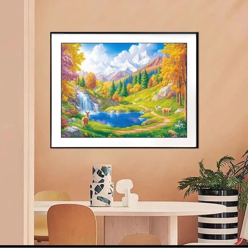 Finished Cross Stitch Wall Art - Autumn Mountain Waterfall & Deer