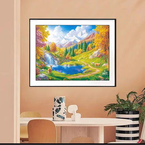 Finished Cross Stitch Wall Art - Autumn Mountain Waterfall & Deer