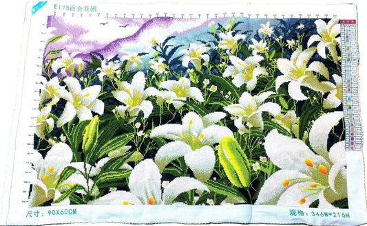 Finished Cross Stitch Wall Art - White Lily Garden Landscape
