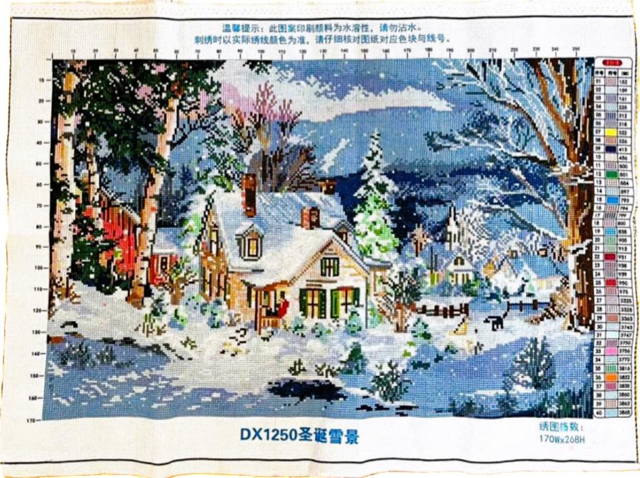Finished Cross Stitch Wall Art - Cozy Christmas Winter Cottage