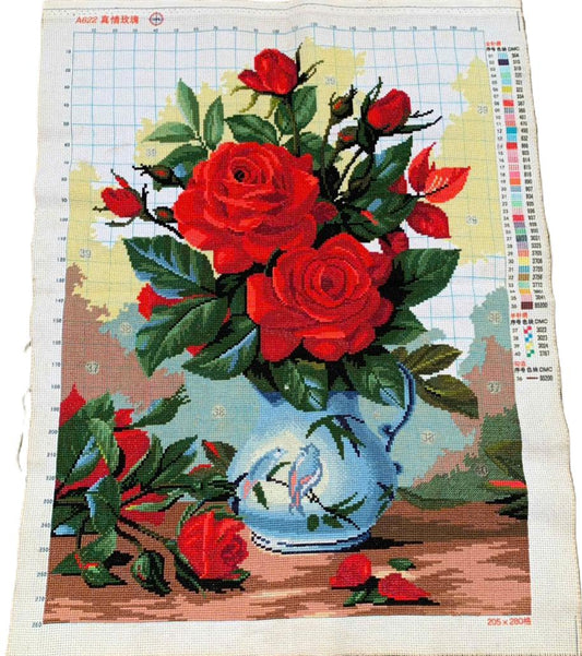 Romantic Red Roses in Chinoiserie Vase Cross Stitch - Ready-Made Finished Piece