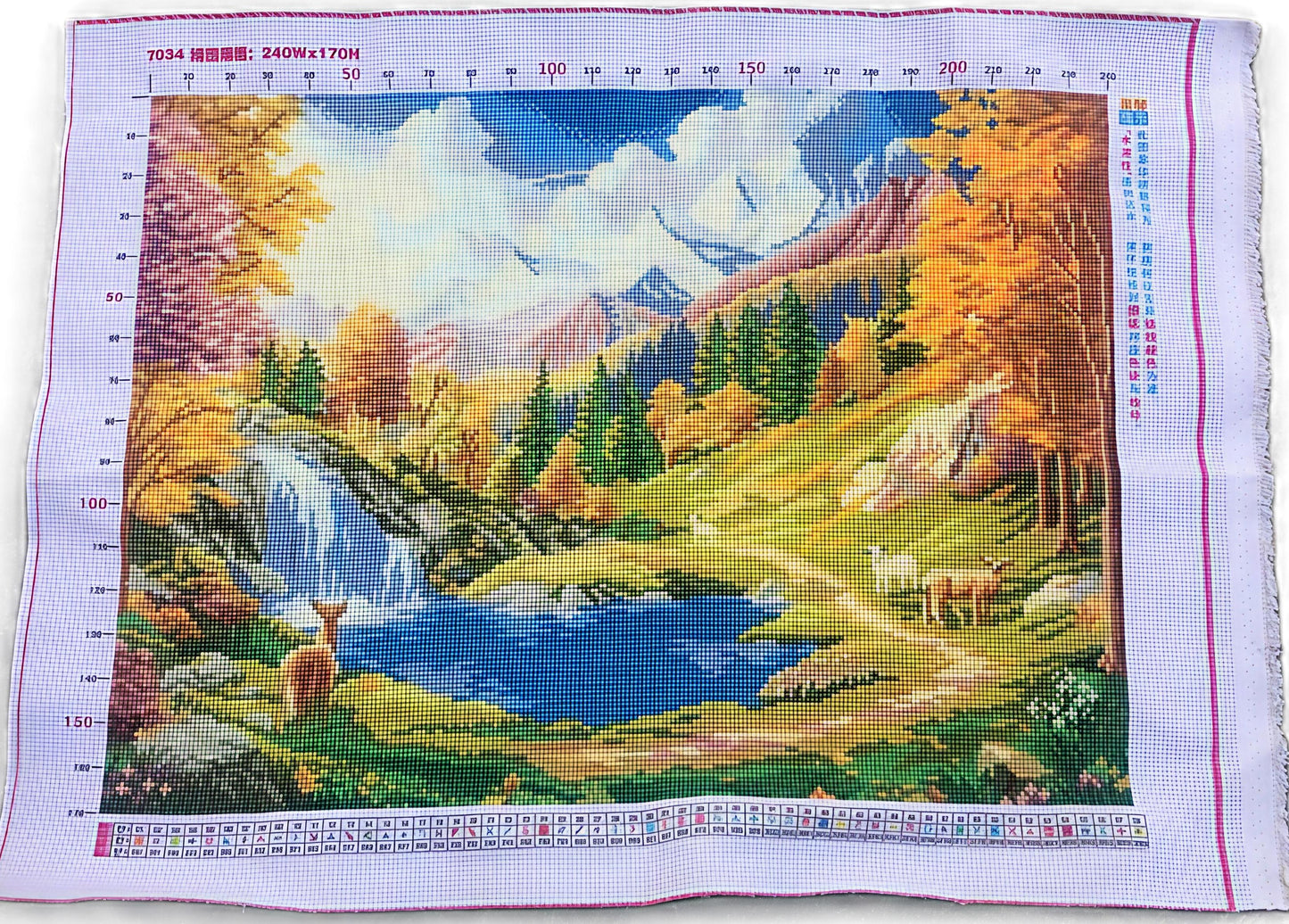 Finished Cross Stitch Wall Art - Autumn Mountain Waterfall & Deer