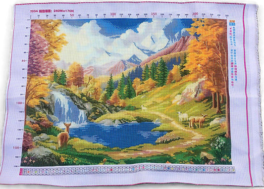Finished Cross Stitch Wall Art - Autumn Mountain Waterfall & Deer